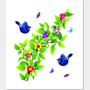 Blue Birds. Superb Blue Fairy Wrens and Butterflies Posters and Art